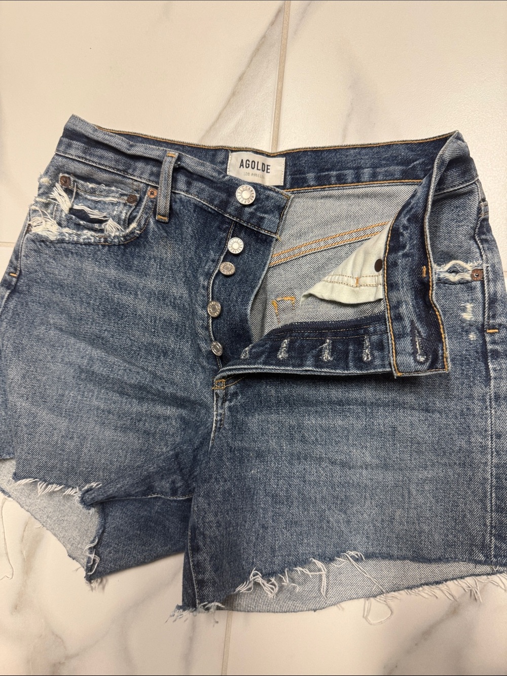 Agolde Distressed High Waist Denim Shorts - Blue